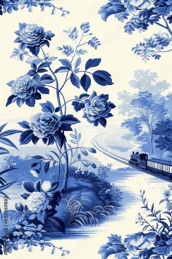 Blue and white chinoiserie floral toile fabric with a train in the background. Blue and white chinoiserie floral toile fabric with a train in the background.