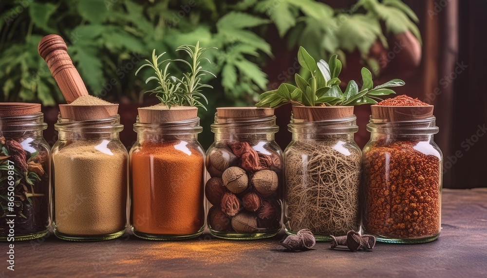 A collection of exotic spices and herbs in rustic jars. A collection of exotic spices and herbs in rustic jars.