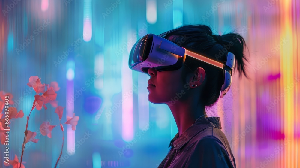 Woman wearing a virtual reality headset in metaverse world. Woman wearing a virtual reality headset in metaverse world.