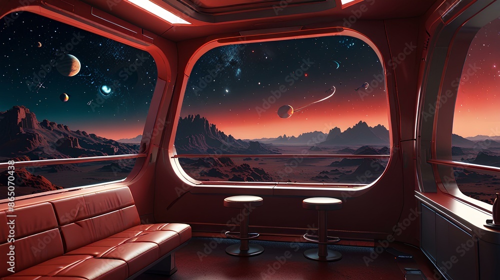 Naklejka premium Futuristic spaceship interior with a view of a red planet from the window, surrounded by starry space, captured in a vibrant cartoon illustration.