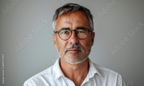 Mature Male Accountant in White Shirt and Glasses