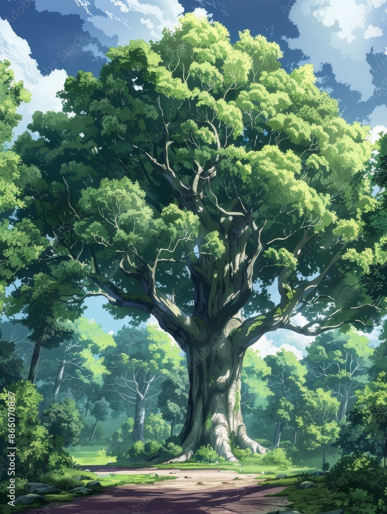 A grand anime tree with asymptotes, standing tall in the middle of a serene forest under a clear sky A grand anime tree with asymptotes, standing tall in the middle of a serene forest under a clear sky