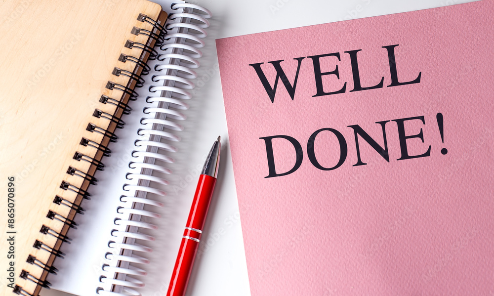 WELL DONE text on pink paper with notebooks WELL DONE text on pink paper with notebooks