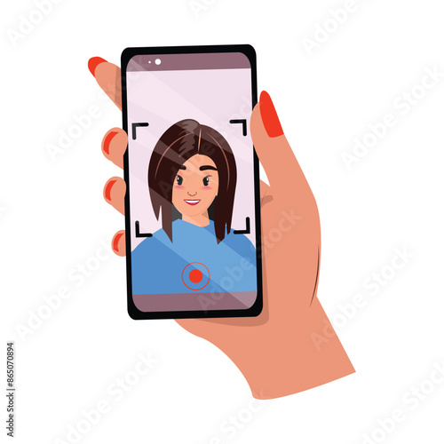 Selfie of a pretty woman. Hand holding a cellphone. Social media concept and self expression