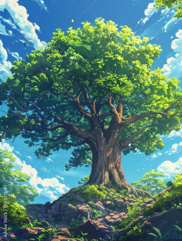 A grand anime tree with asymptotes, standing tall in the middle of a serene forest under a clear sky A grand anime tree with asymptotes, standing tall in the middle of a serene forest under a clear sky