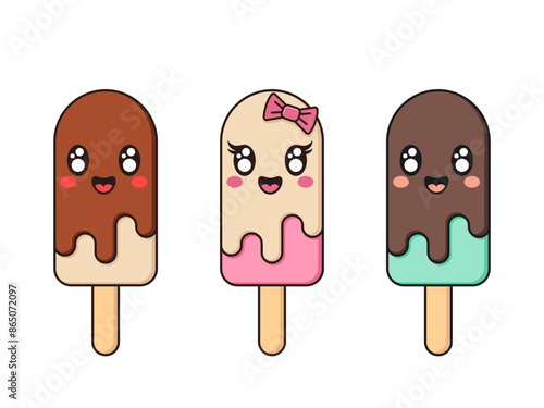 Kawaii ice cream popsicles vector collection. Set of pink, vanilla, choco and mint cartoon ice cream with outline, eyes and smiling faces.