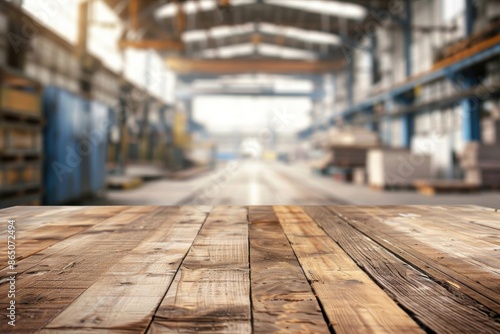Wallpaper Mural Empty wooden table top with blurry factory warehouse background. Table provides space for promoting products with beautiful industrial setting in the background Torontodigital.ca