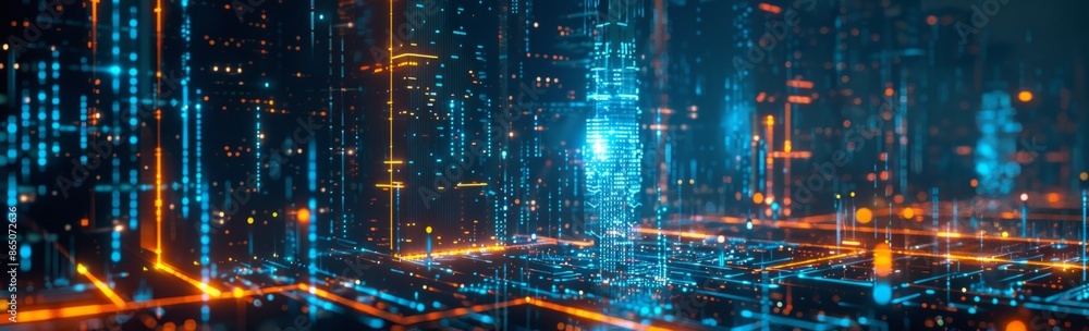 Digital cityscape with glowing data streams and futuristic buildings, showcasing the concept of cyberpunk technology in an abstract digital rendering. Digital cityscape with glowing data streams and futuristic buildings, showcasing the concept of cyberpunk technology in an abstract digital rendering.