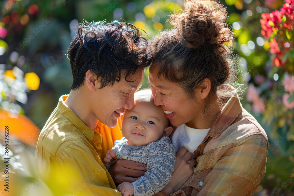 Portrait of lesbian couple enjoying their newborn baby Portrait of lesbian couple enjoying their newborn baby