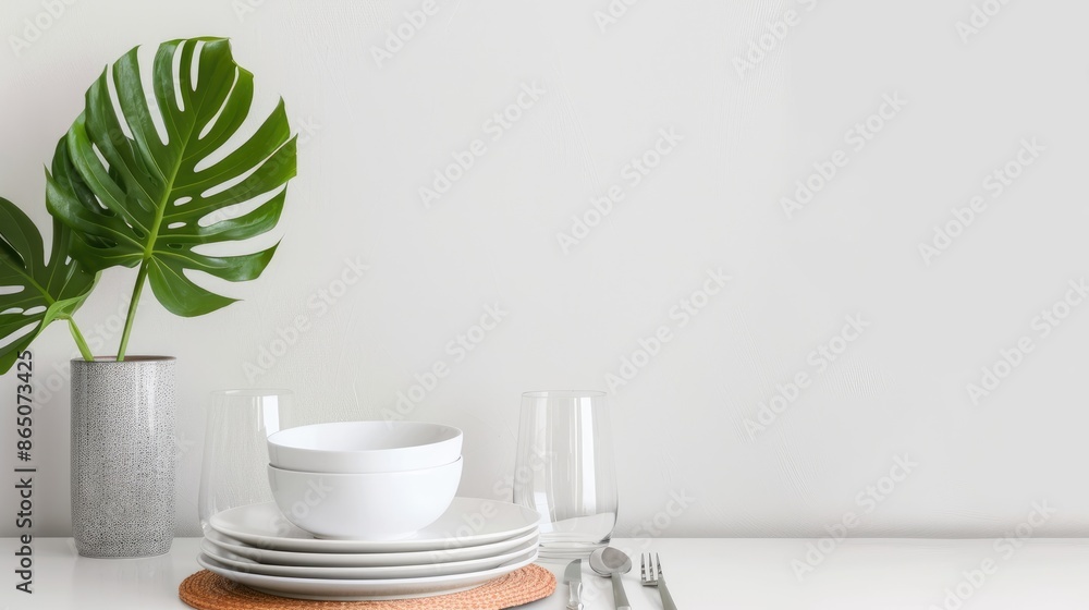 Obraz premium Colorful plates and bowls are stacked on a kitchen counter, alongside a vase with utensils and a monstera leaf