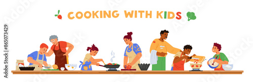 Cooking with children horizontal vector banner. Different age and race children in aprons cooking together with adults. Making dough, making pies, soup, frying. Kids cooking class. 