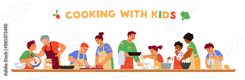 Cooking with children horizontal vector banner. Different age and race children in aprons cooking together with adults. Making dough, making pies, using blender, tasting filling, breaking eggs. Kids c