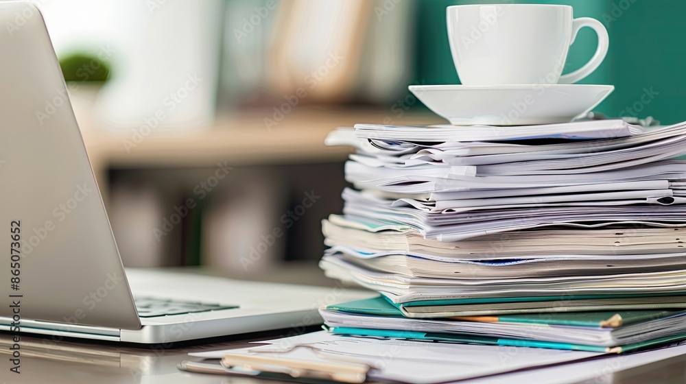 A white mug sits atop a stack of magazines against a blurred background of lush green foliage A white mug sits atop a stack of magazines against a blurred background of lush green foliage