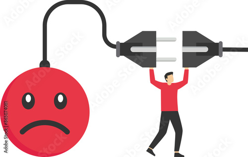 overworked or stressed at work, refresh or recover after tired at work, re charge yourself, restore enthusiasm for work, recharge mood, businessman connect plug with bad mood icon to power socket

