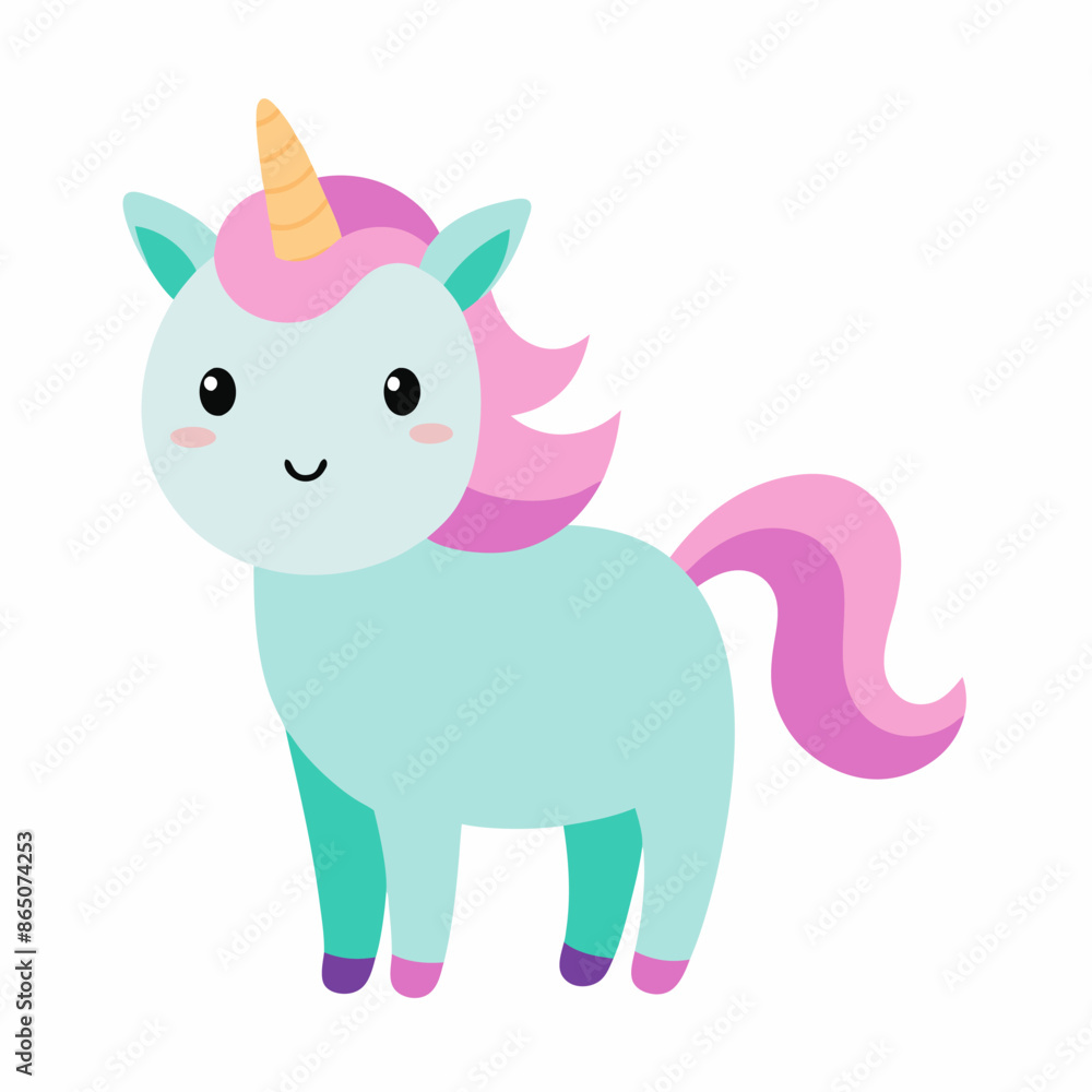 Naklejka premium A cute unicorn with a pink mane and tail stands on a white background