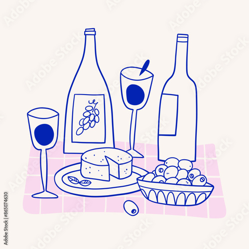 Cheese, wine and olives sketch, hand drawn illustration. Eating outside, outdoor dinner, picnic invitation.