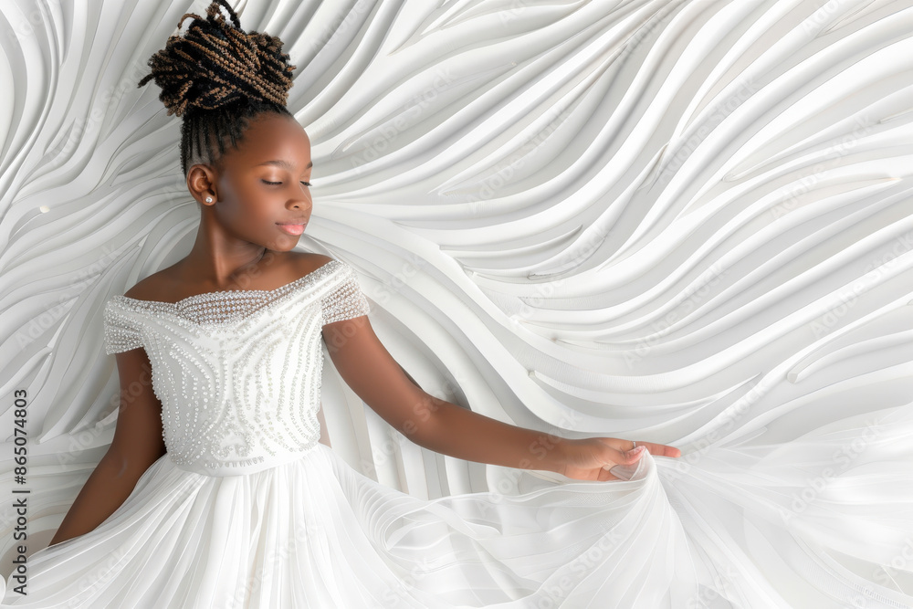 Portrait of a young African girl posing in a studio in a white wedding dress, fashion photography Portrait of a young African girl posing in a studio in a white wedding dress, fashion photography
