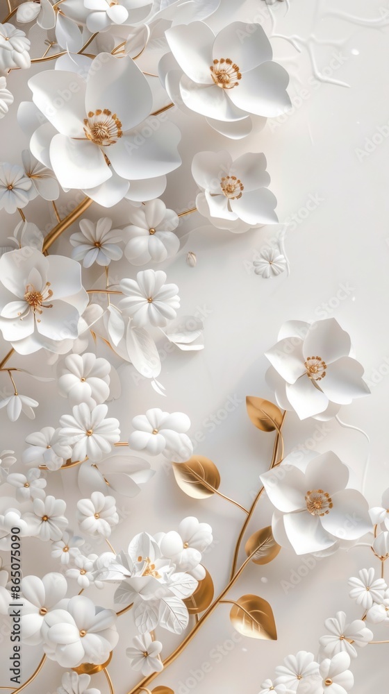 3d render of white paper flowers and leaves on the tree branch, gold elements, on a white background 3d render of white paper flowers and leaves on the tree branch, gold elements, on a white background
