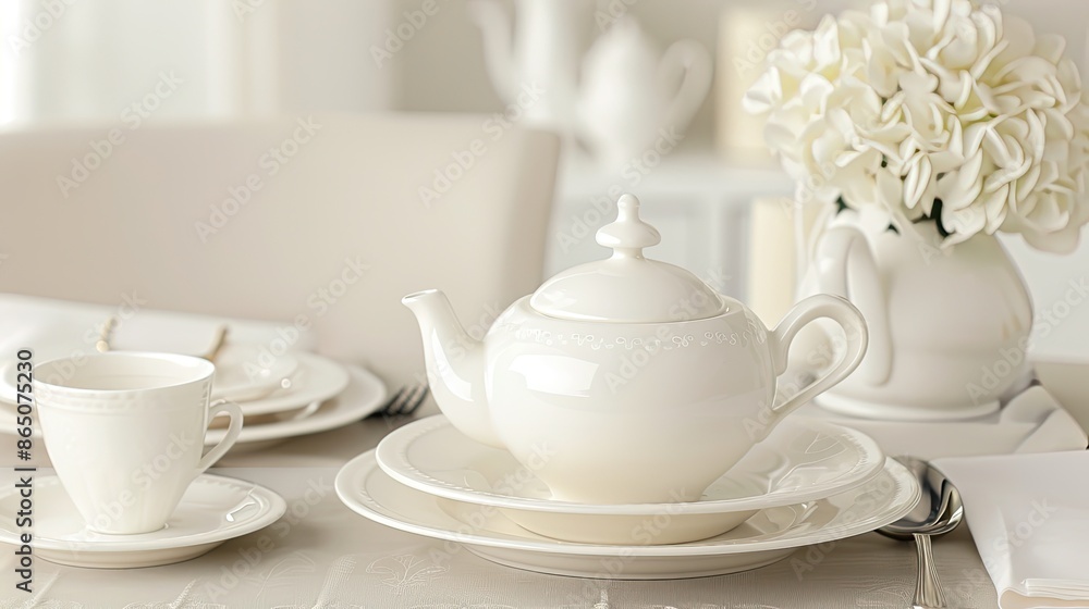 A white teacup and teapot sit on a wooden table, surrounded by silverware and a napkin A white teacup and teapot sit on a wooden table, surrounded by silverware and a napkin