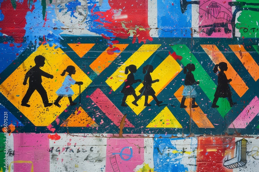 Fototapeta premium Colorful painting of children crossing a vibrant street in a school zone, A vibrant and colorful depiction of a school zone sign with children crossing the street