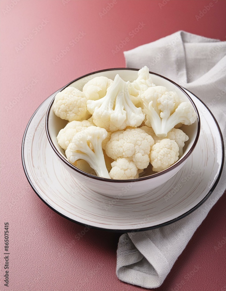 Fresh peeled cauliflower in bowl on red background Fresh peeled cauliflower in bowl on red background