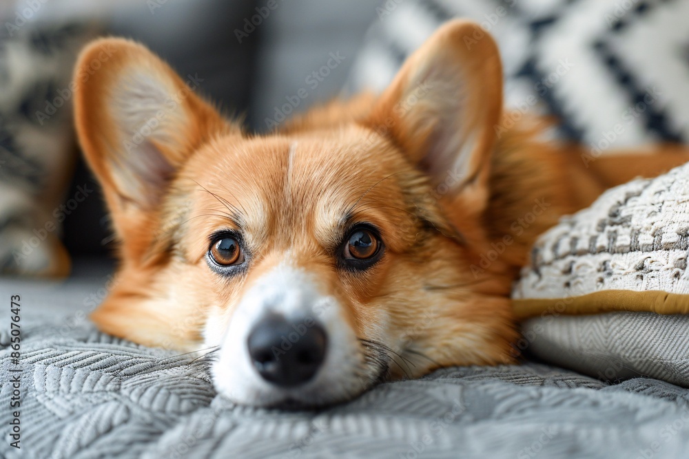 A corgi resting on a sofa in a workplace up close. A corgi resting on a sofa in a workplace up close.