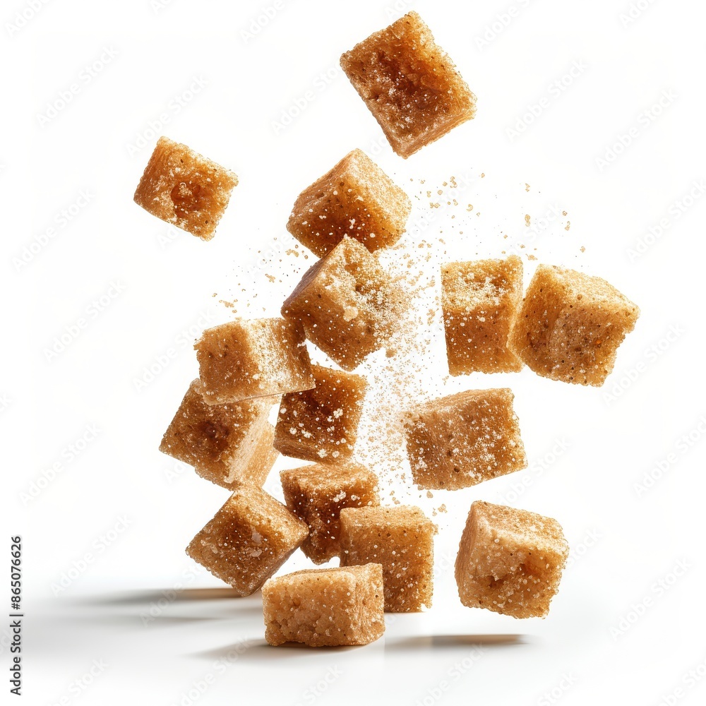 Brown sugar cubes falling on white background Brown sugar cubes falling on white background