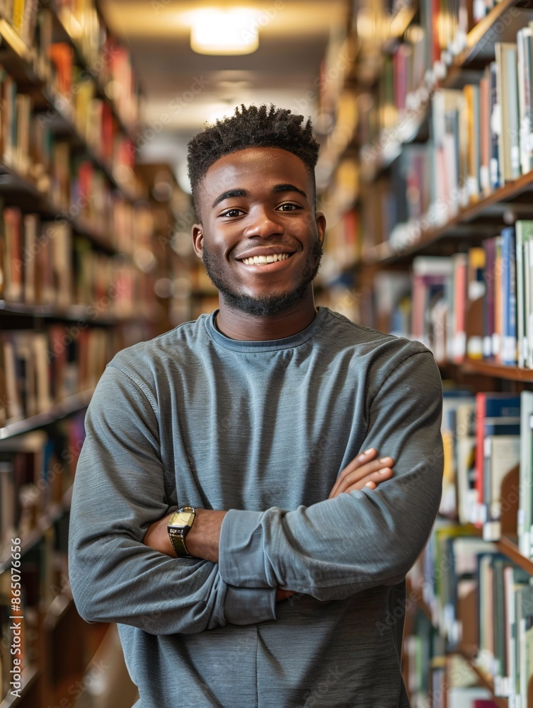 Hardworking African American student studying in college library surrounded by shelves of books, focused on academic pursuits and posing for a photo. Hardworking African American student studying in college library surrounded by shelves of books, focused on academic pursuits and posing for a photo.