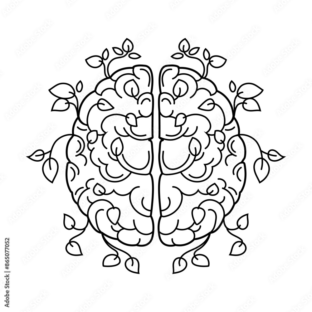 Abstract human brain with floral elements leaves and plants line drawing.Human brain icon logo emblem print design line art design.Vector illustration.Eco concept.Health and medicine Abstract human brain with floral elements leaves and plants line drawing.Human brain icon logo emblem print design line art design.Vector illustration.Eco concept.Health and medicine