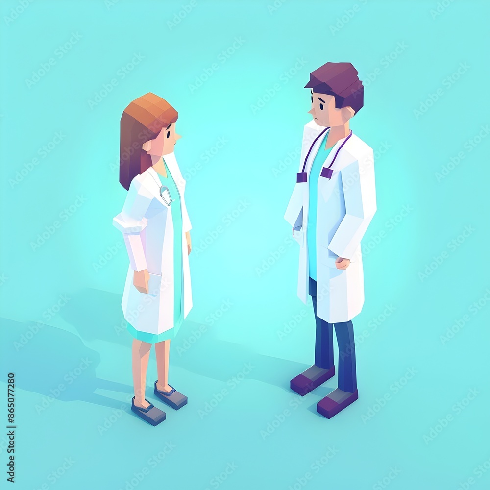 Two Cartoon Medical Professionals Engaged in Discussion or Consultation in Modern Isometric Two Cartoon Medical Professionals Engaged in Discussion or Consultation in Modern Isometric