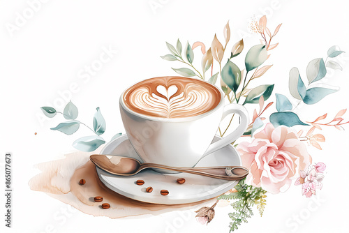 A cup of latte art coffee with a heart design, surrounded by delicate watercolor flowers and leaves.