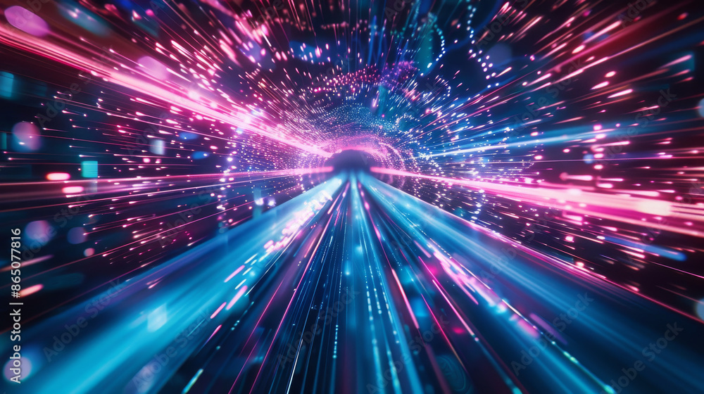 Obraz premium Neon blue and pink portal glows amidst a high-speed light show, creating a futuristic digital gateway to an unknown realm.