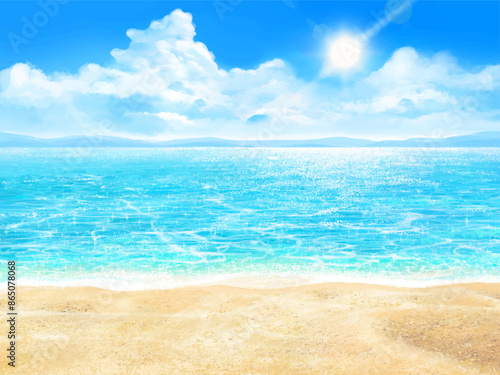 Summer sandy beach - beautiful resort beach frame background illustration of blue sky and sea with sun and clouds.