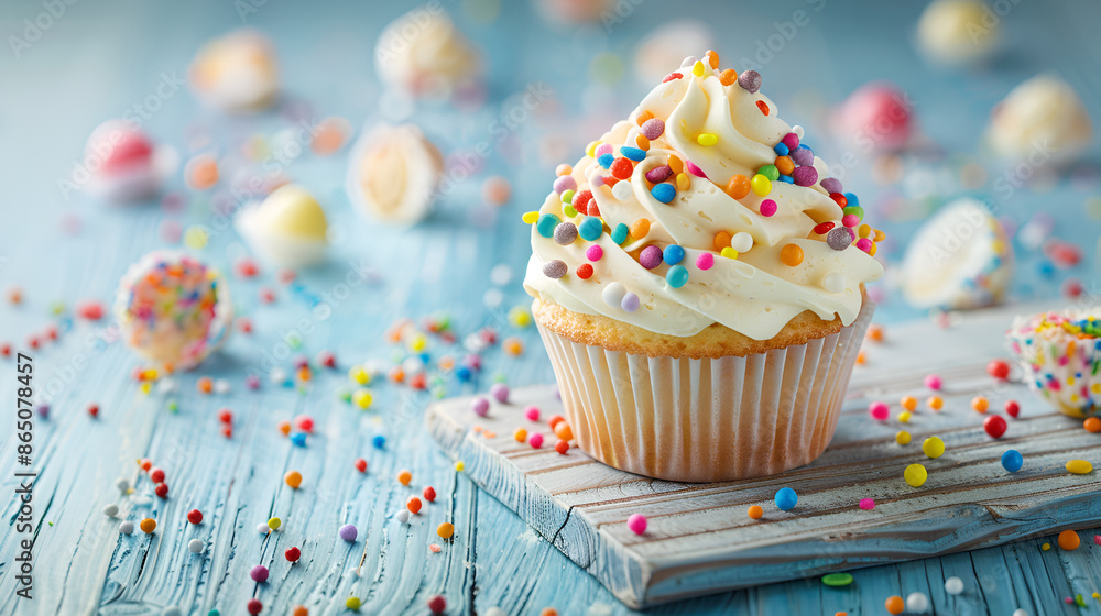 Birthday cupcakes with sprinkles for a birthday party. with copy space,Birthday cupcake with one candle on wooden background,Biscuit cupcakes in paper form,A freshly made homemade cupcake
Birthday cupcakes with sprinkles for a birthday party. with copy space,Birthday cupcake with one candle on wooden background,Biscuit cupcakes in paper form,A freshly made homemade cupcake