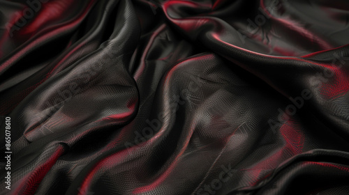Soft and silky fabric in rich black and red hues. Its luxurious texture creates an elegant and sophisticated backdrop with subtle patterns and gentle waves. photo