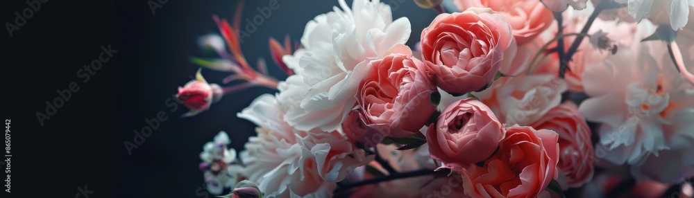 Elegant bouquet of pink and white flowers featuring roses and peonies, arranged on a dark background. Perfect for floral decoration and arrangement themes. Elegant bouquet of pink and white flowers featuring roses and peonies, arranged on a dark background. Perfect for floral decoration and arrangement themes.