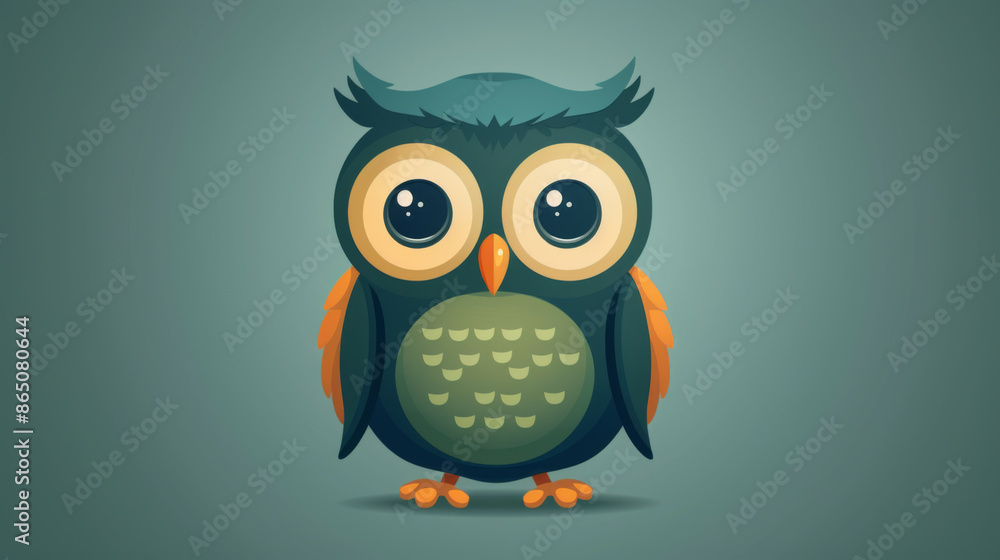Adorable cartoon owl with big eyes, orange wings, and green belly on a simple green background, perfect for children's designs. Adorable cartoon owl with big eyes, orange wings, and green belly on a simple green background, perfect for children's designs.