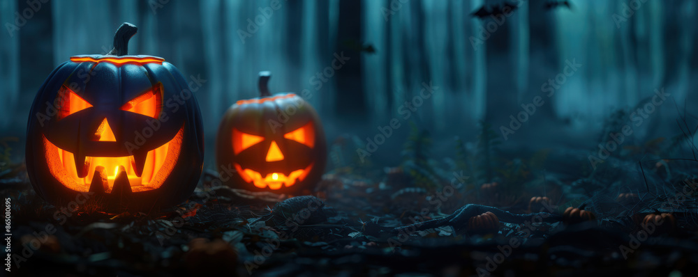 Two pumpkins with glowing eyes and mouths are on the ground in a dark forest Two pumpkins with glowing eyes and mouths are on the ground in a dark forest
