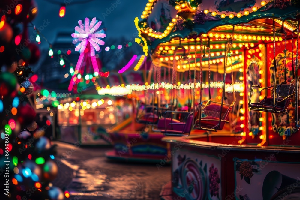Obraz premium A vibrant merry go round ride spinning with children enjoying the carnival atmosphere, A vibrant carnival filled with bright carnival rides lit up by glowing Christmas lights