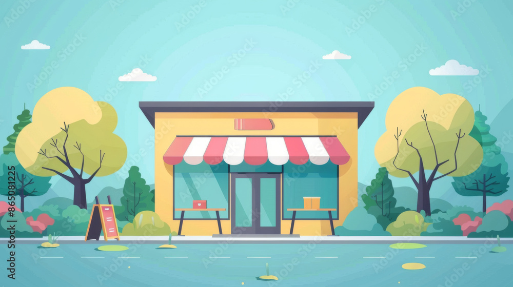 Charming illustration of a small storefront with red and white awning, surrounded by trees and greenery on a sunny day. Charming illustration of a small storefront with red and white awning, surrounded by trees and greenery on a sunny day.