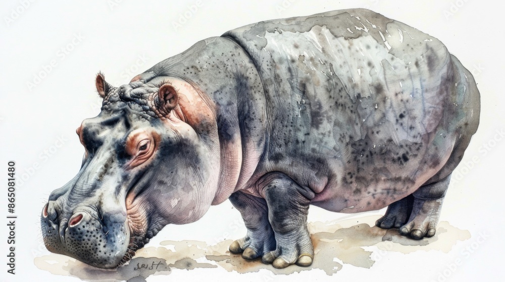 Intricate Watercolor of a Majestic Hippo Intricate Watercolor of a Majestic Hippo