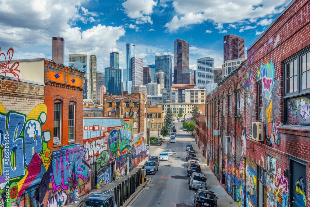 Fototapeta premium City street bustling with vibrant graffiti artwork on buildings and walls, A vibrant city skyline filled with colorful street art and graffiti covering the buildings