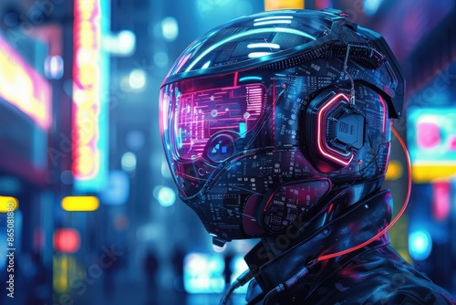 Close-up of a futuristic helmet in a neon-lit city