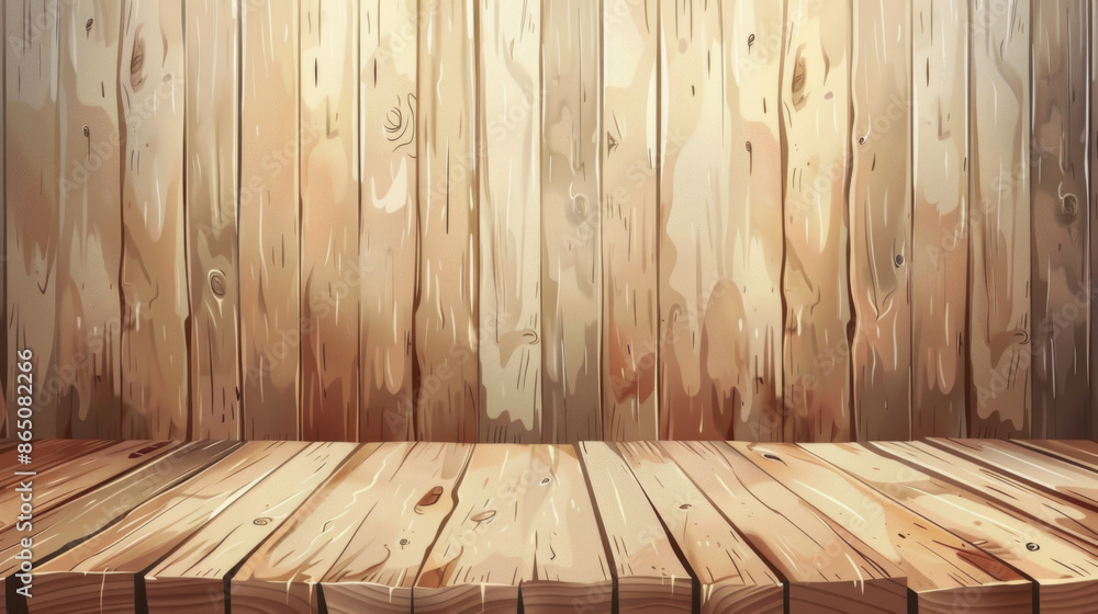 Naklejka premium Empty wooden table surface with a vertical wooden plank wall background, suitable for product display.
