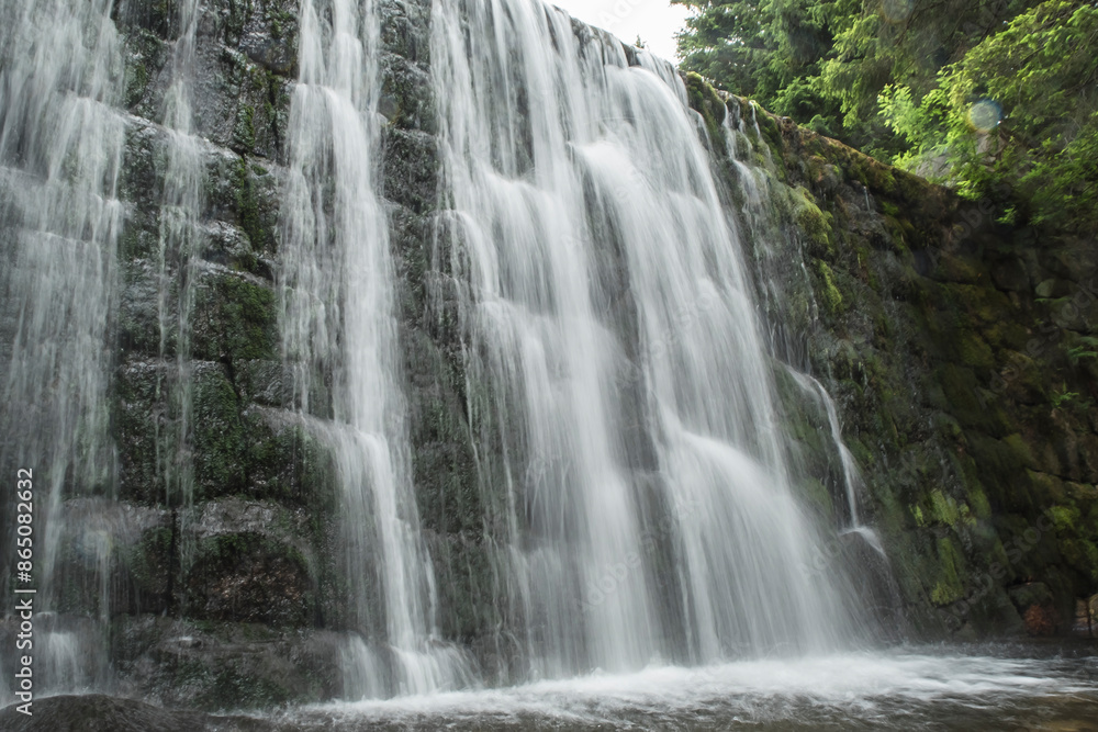 Obraz premium wodospad w leśnym otoczeniu, bujnej zieleni lata.