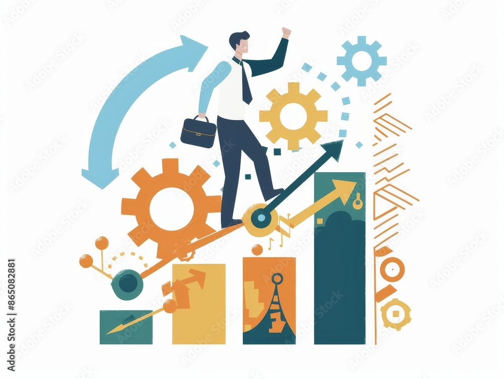 Businessman balancing on upward arrow over gears and charts illustrating growth and success Businessman balancing on upward arrow over gears and charts illustrating growth and success