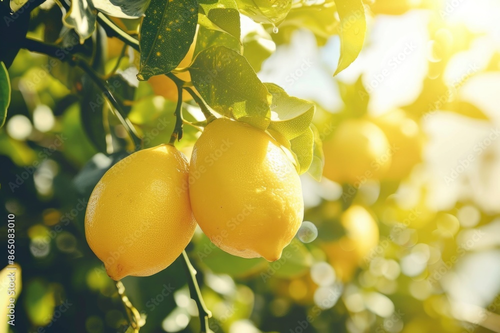 Two ripe yellow lemons hang from a branch of a lemon tree, bathed in sunlight. Two ripe yellow lemons hang from a branch of a lemon tree, bathed in sunlight.