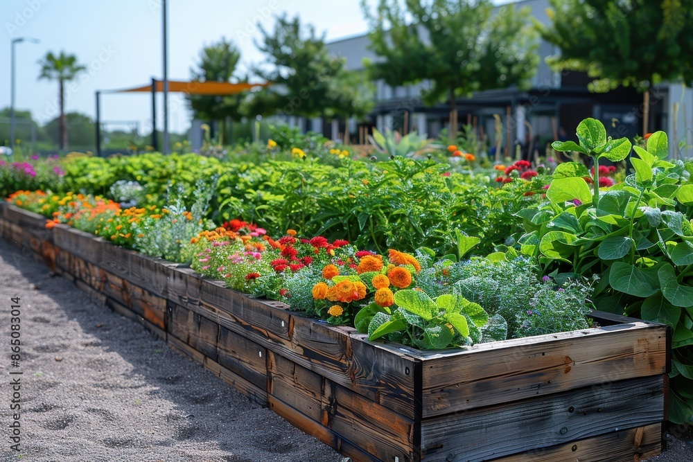 A rooftop garden in an urban setting, filled with diverse plants and flowers, showcasing urban agriculture. A rooftop garden in an urban setting, filled with diverse plants and flowers, showcasing urban agriculture.