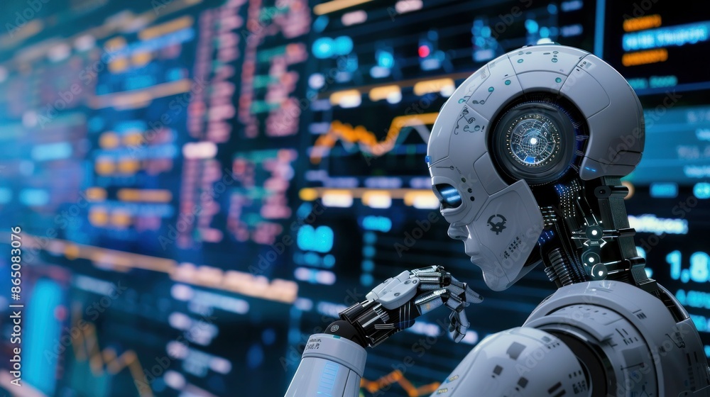 AI robot analyzing data on screen. AI robot analyzing data on screen.
