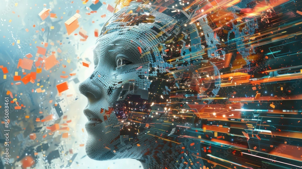 Digital Portrait of a Woman with Glittering Data Streams. Digital Portrait of a Woman with Glittering Data Streams.